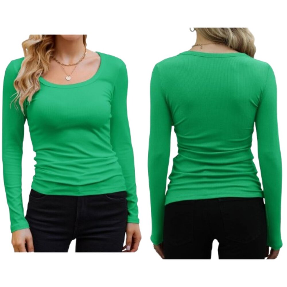 Green Rib-Knit Top Long Sleeve Scoop Neck Solid Rayon Blend Fitted